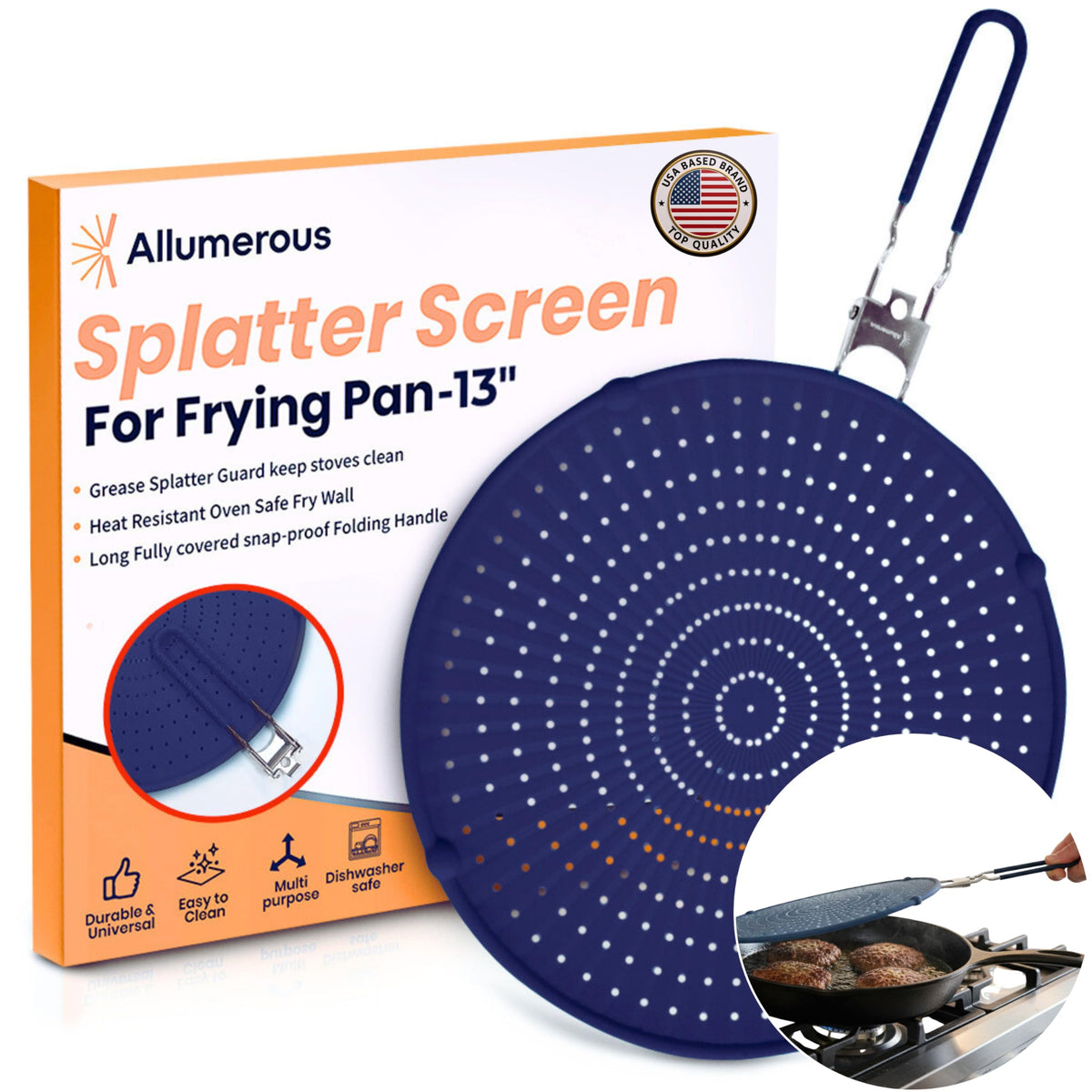Allumerous silicone splatter screen on pan reduces grease splatter for a cleaner stovetop