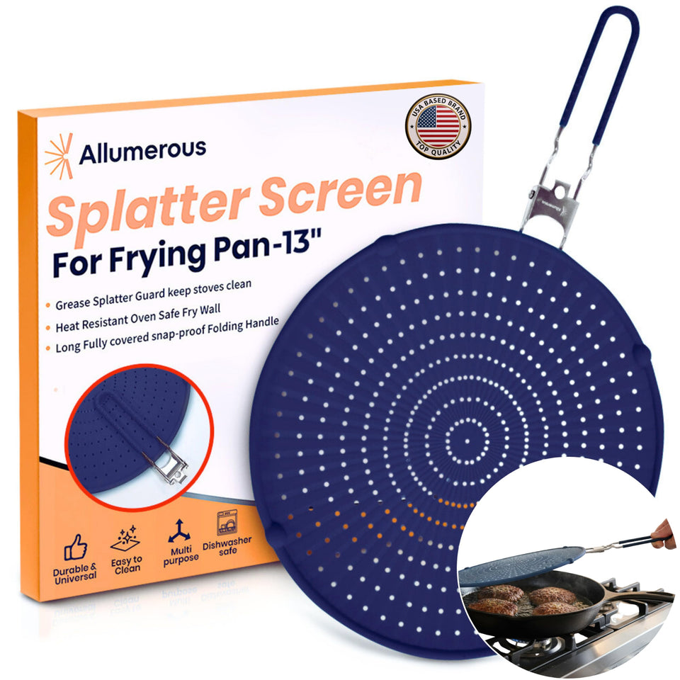 Allumerous silicone splatter screen on pan reduces grease splatter for a cleaner stovetop