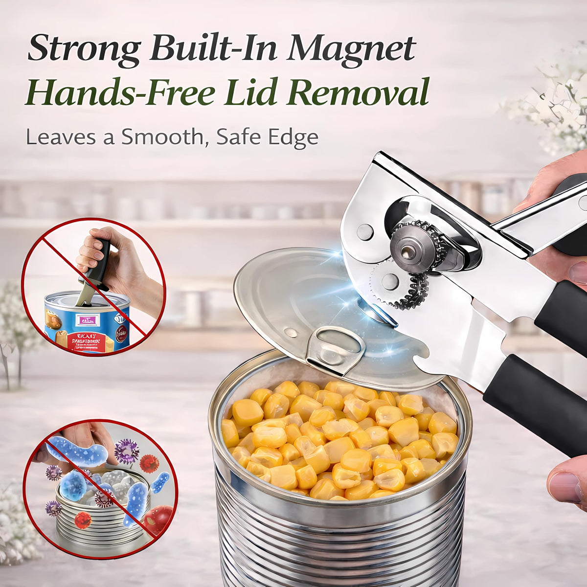ALLVANA two-in-one design opens cans and bottles quickly.