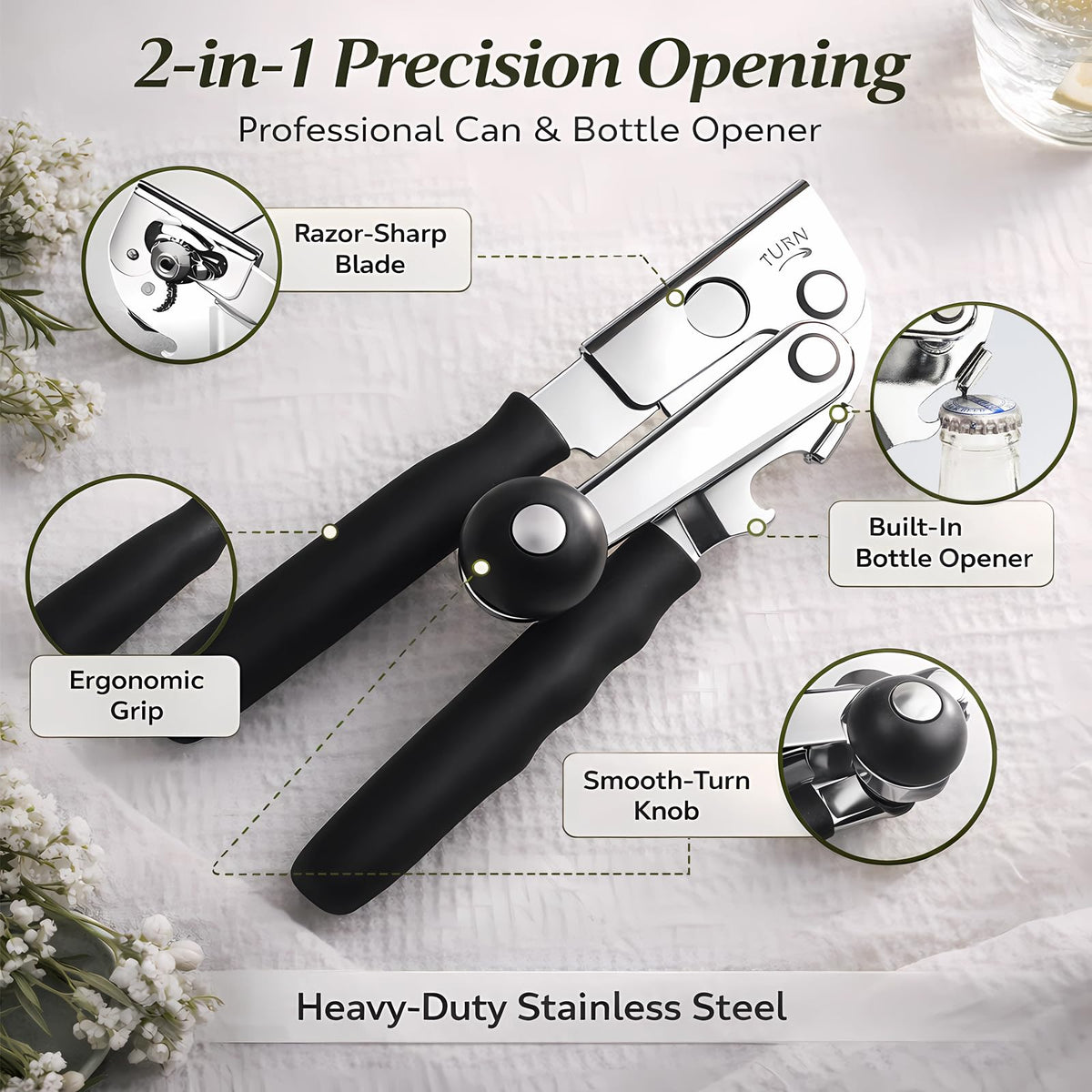 ALLVANA can opener with easy-turn knob for smooth, comfortable can opening.
