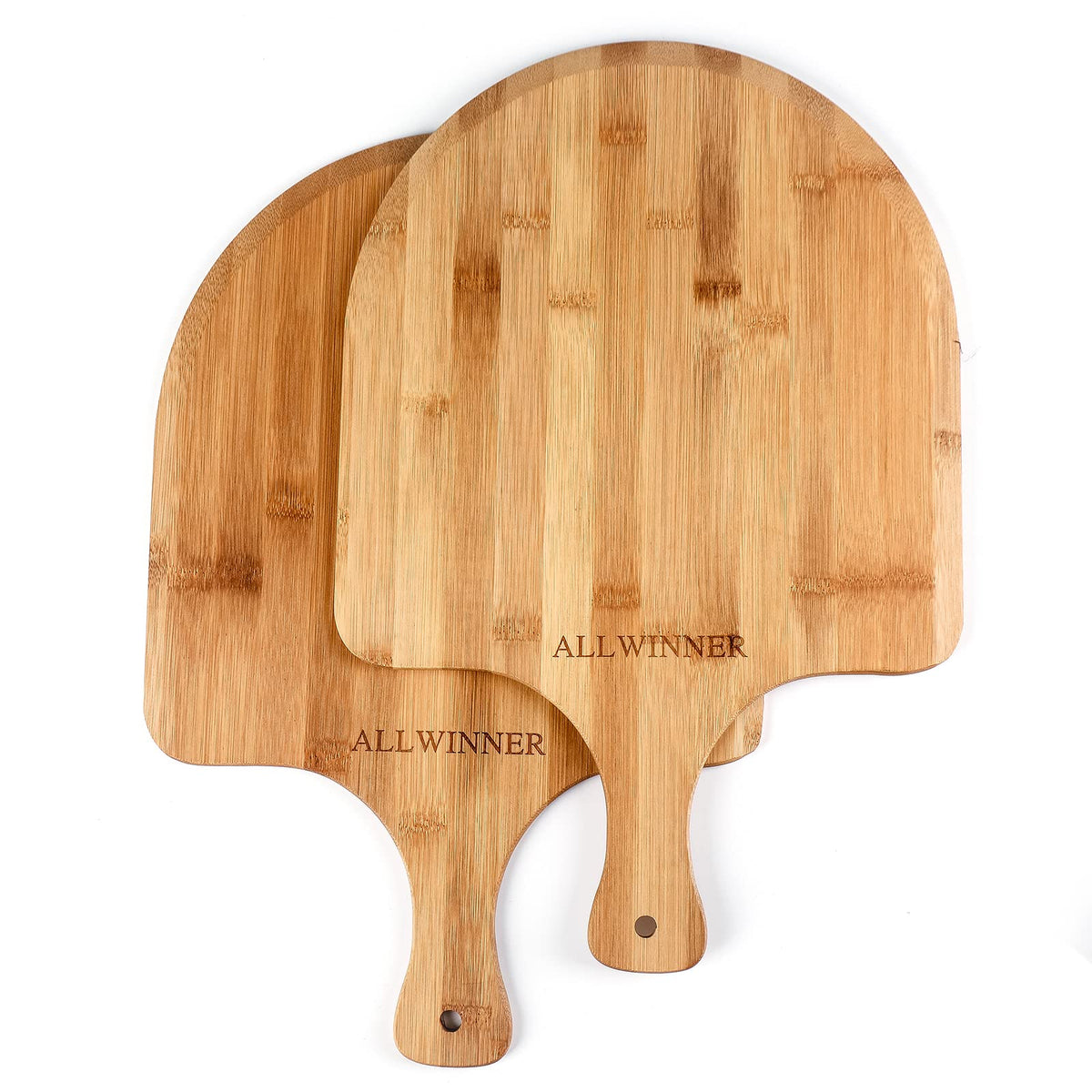 ALLWINNER 12 Inch bamboo pizza peel shows durable, eco-friendly prep for pizzas.