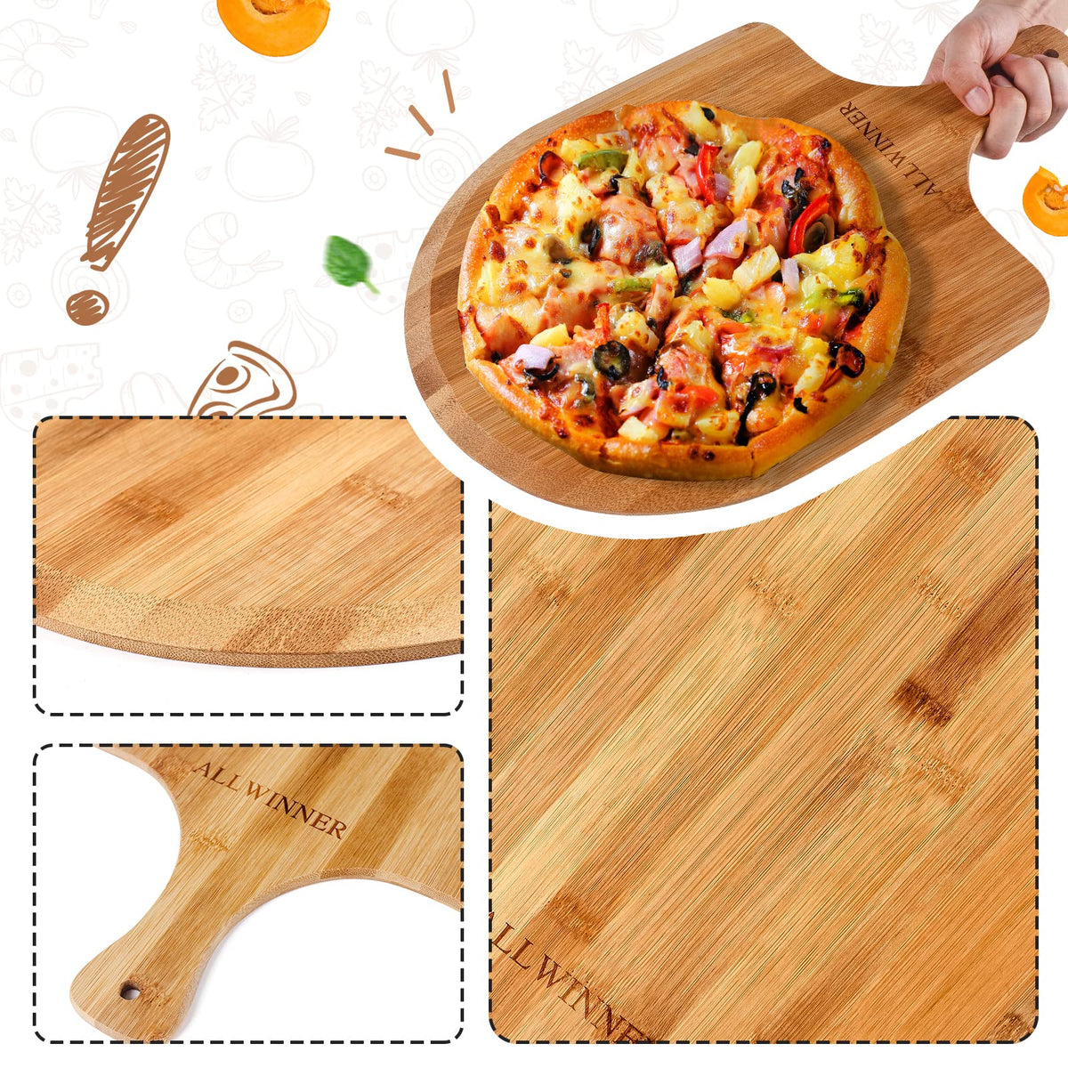 ALLWINNER pizza peel ergonomic handle ensures comfortable grip during use.