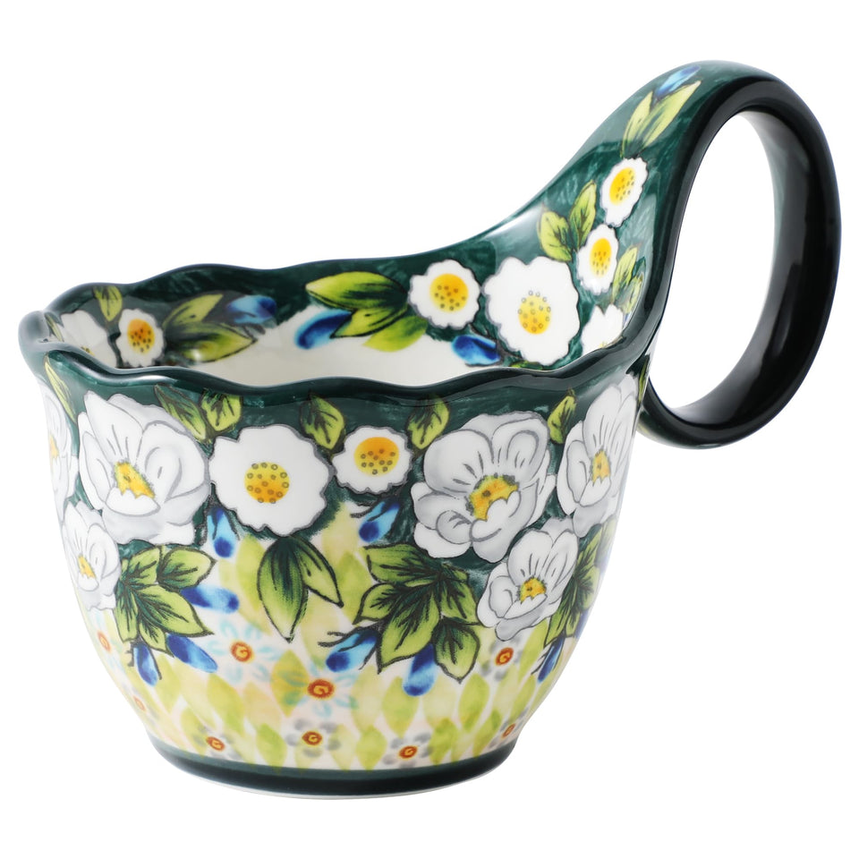 ALMA floral green soup bowl with loop handle for easy grip and stylish table setting.