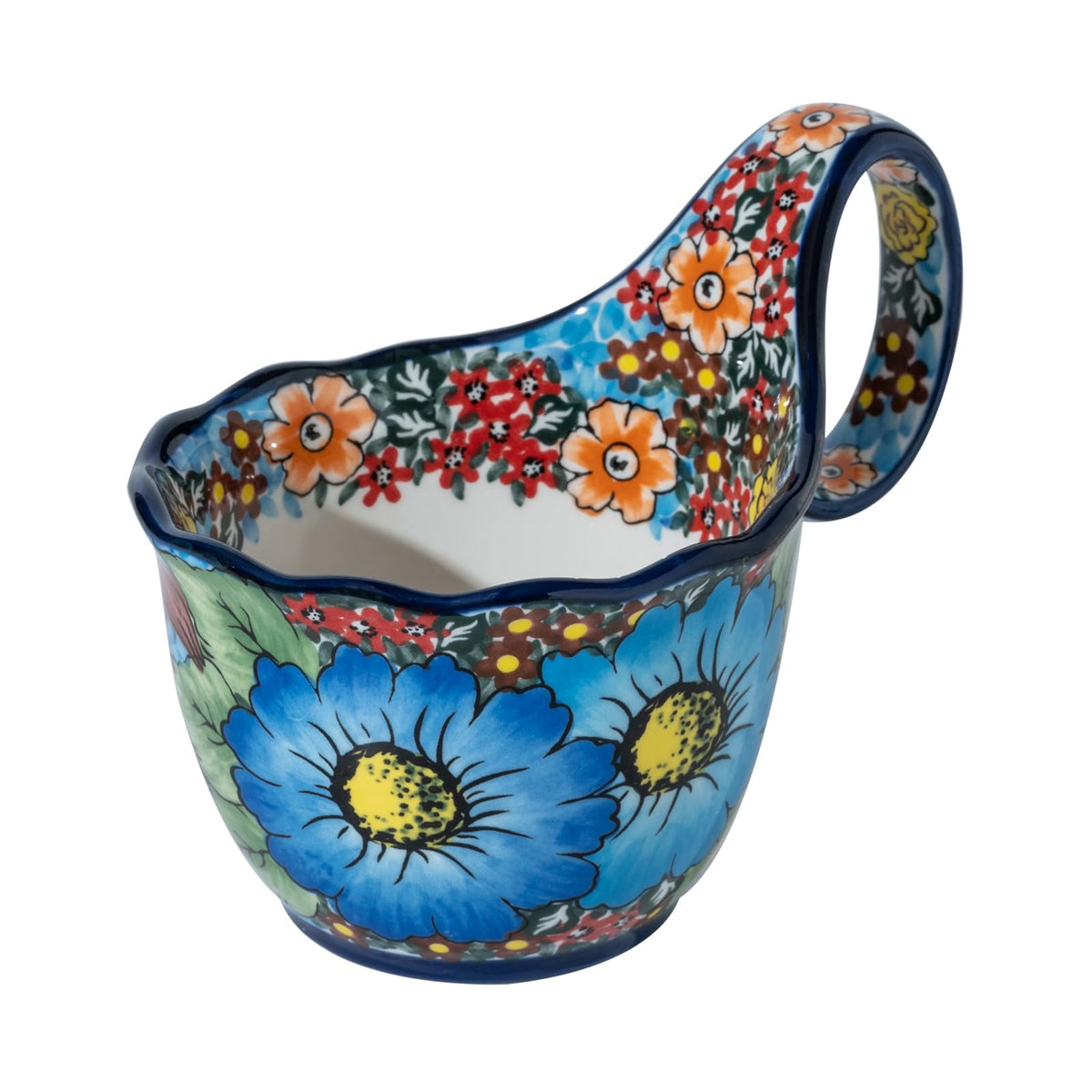 ALMA handpainted soup bowl with handle front view, comfortable grip for hot soups