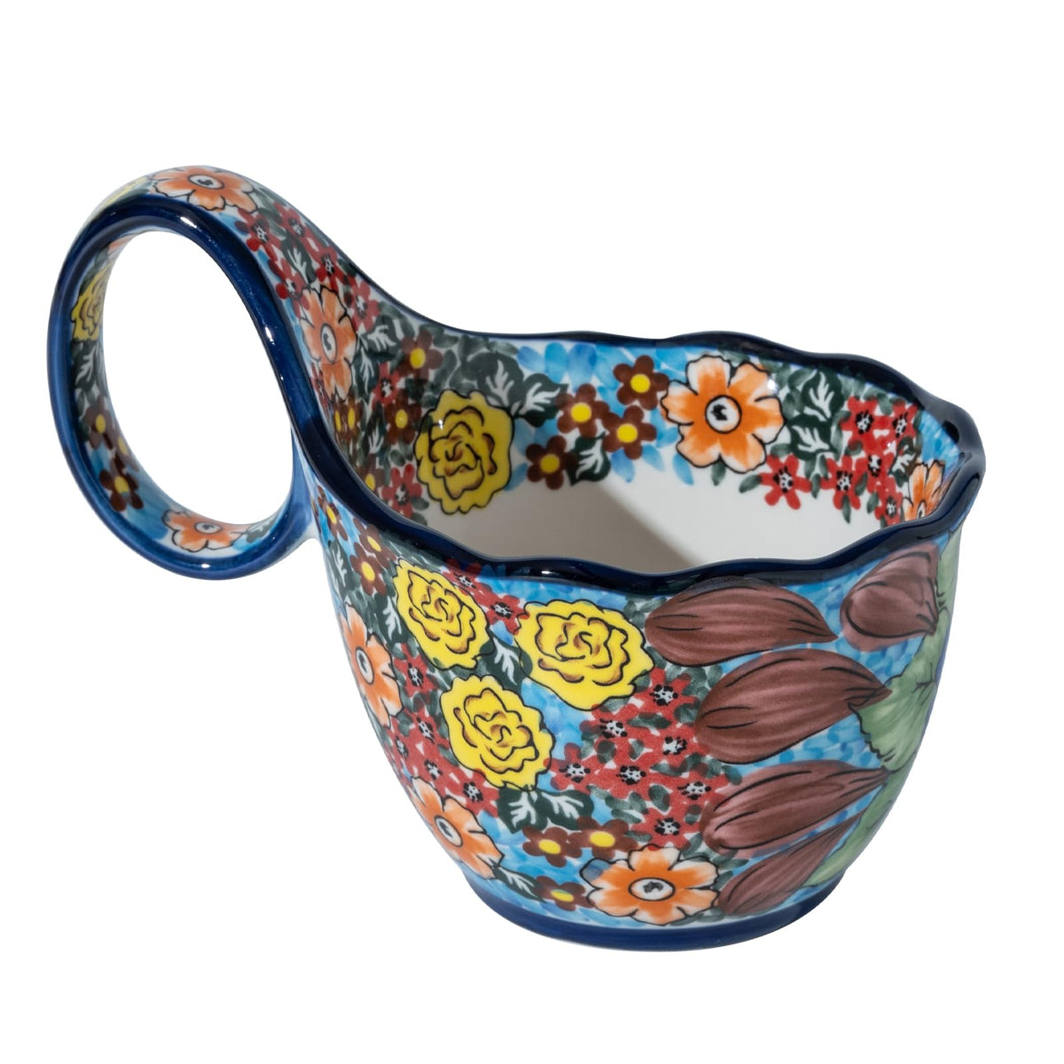 ALMA handpainted bowl with handle side view, sturdy daily-use design