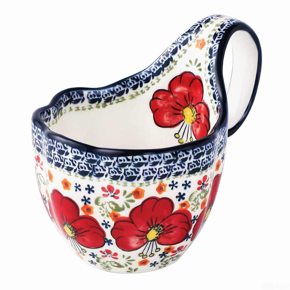 ALMA hand-painted red lilies bowl with handle for elegant soup service