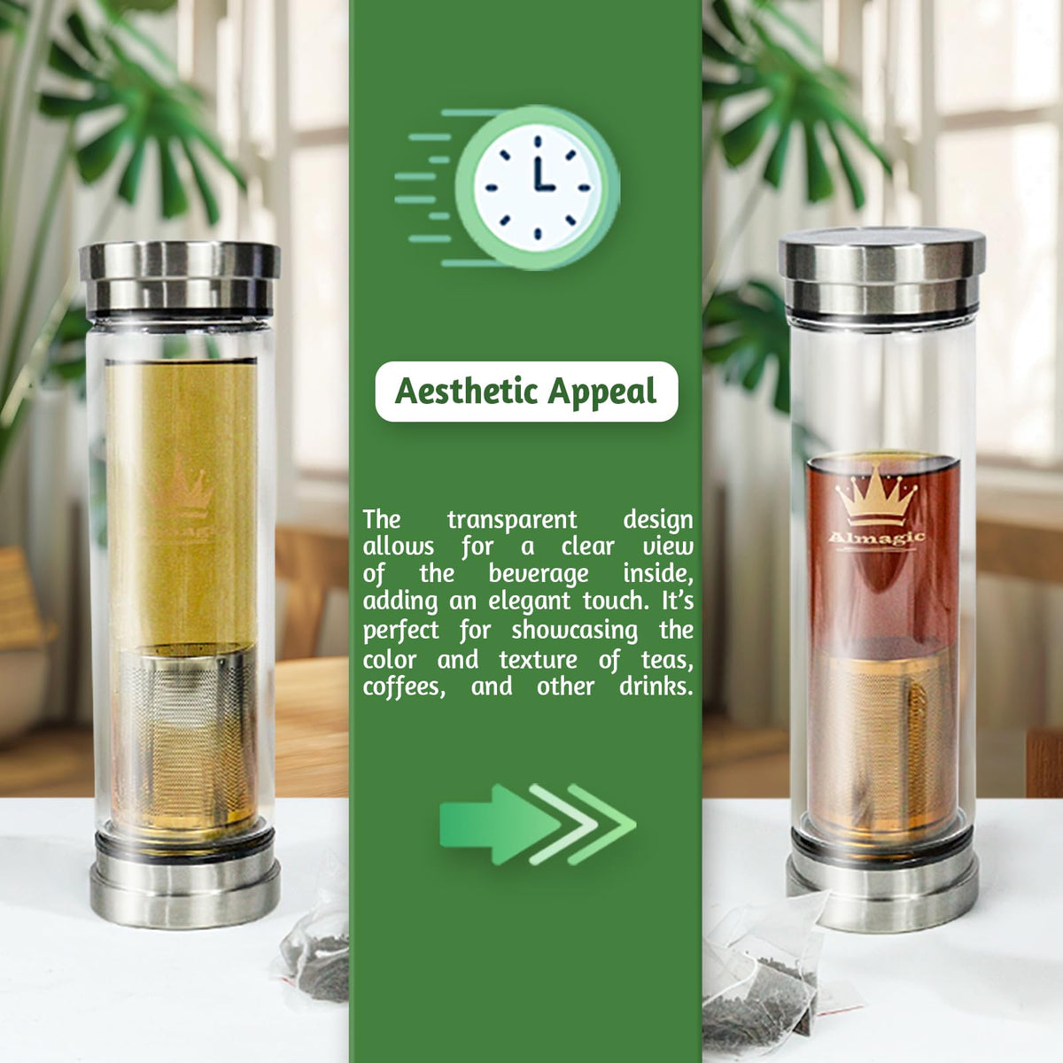 Almagic double-wall glass bottle showing insulation and clarity