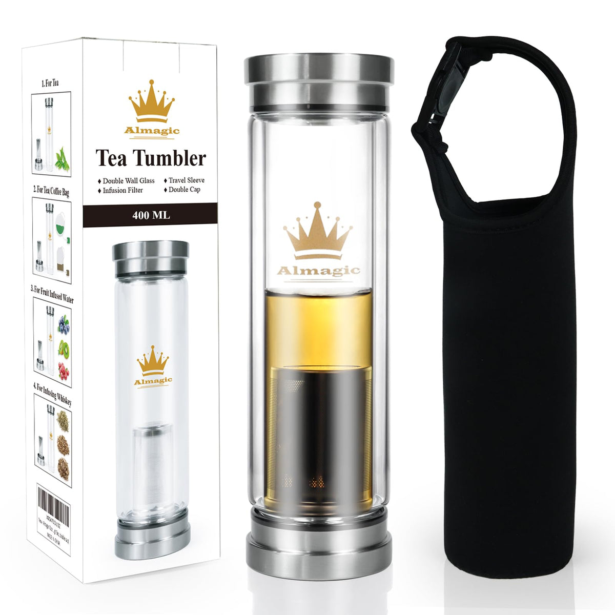 Almagic tea infuser bottle 400ml with clear glass keeps tea hot or cold
