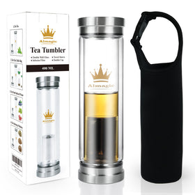 Almagic tea infuser bottle 400ml with clear glass keeps tea hot or cold