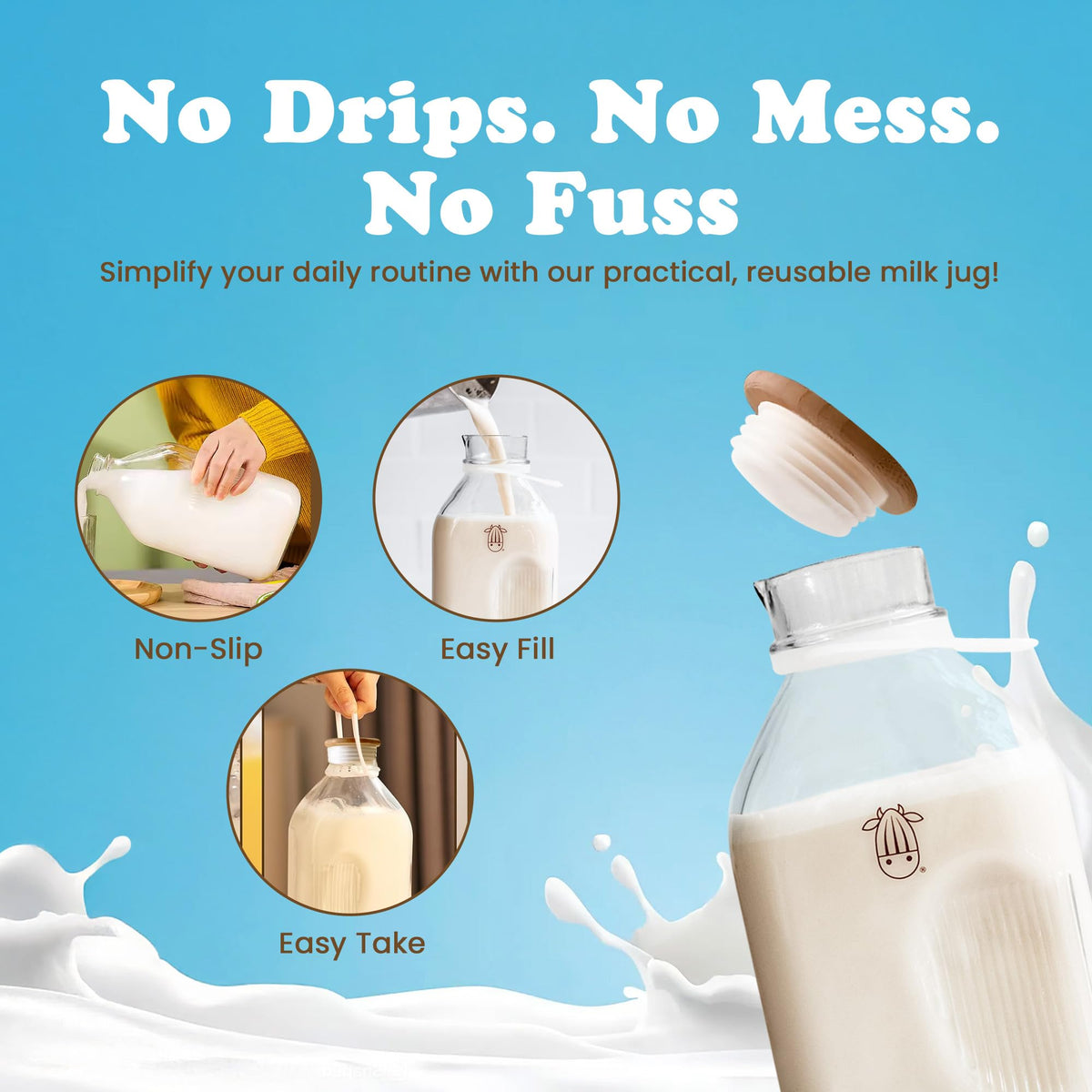 Almond Cow 60oz glass bottle ideal for milk, juice, and beverages.