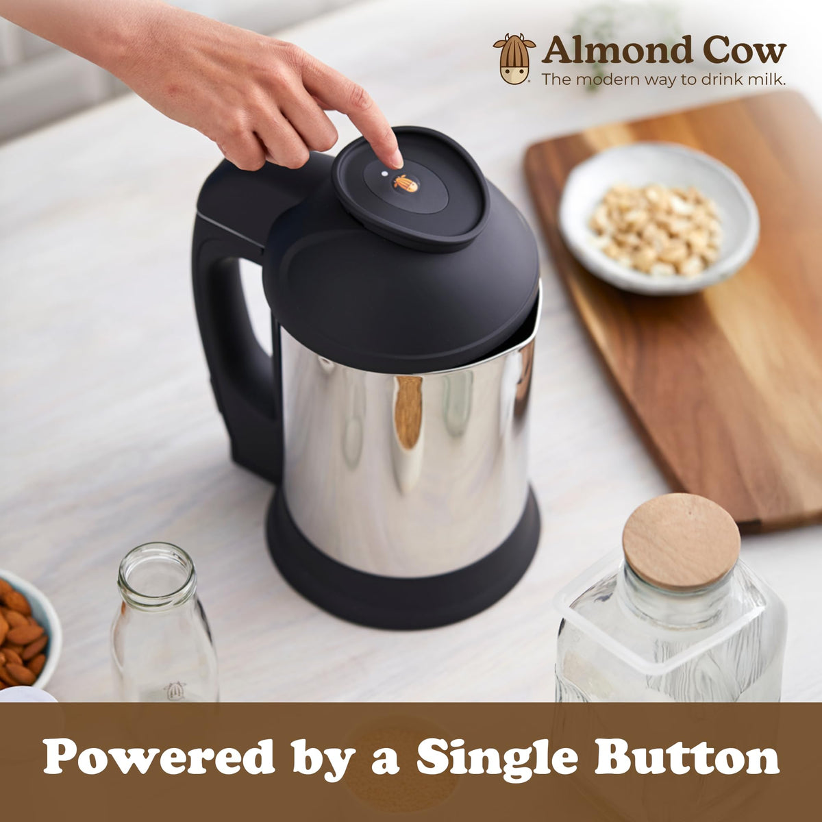 Almond Cow wooden cap with silicone seal keeps milk fresh.