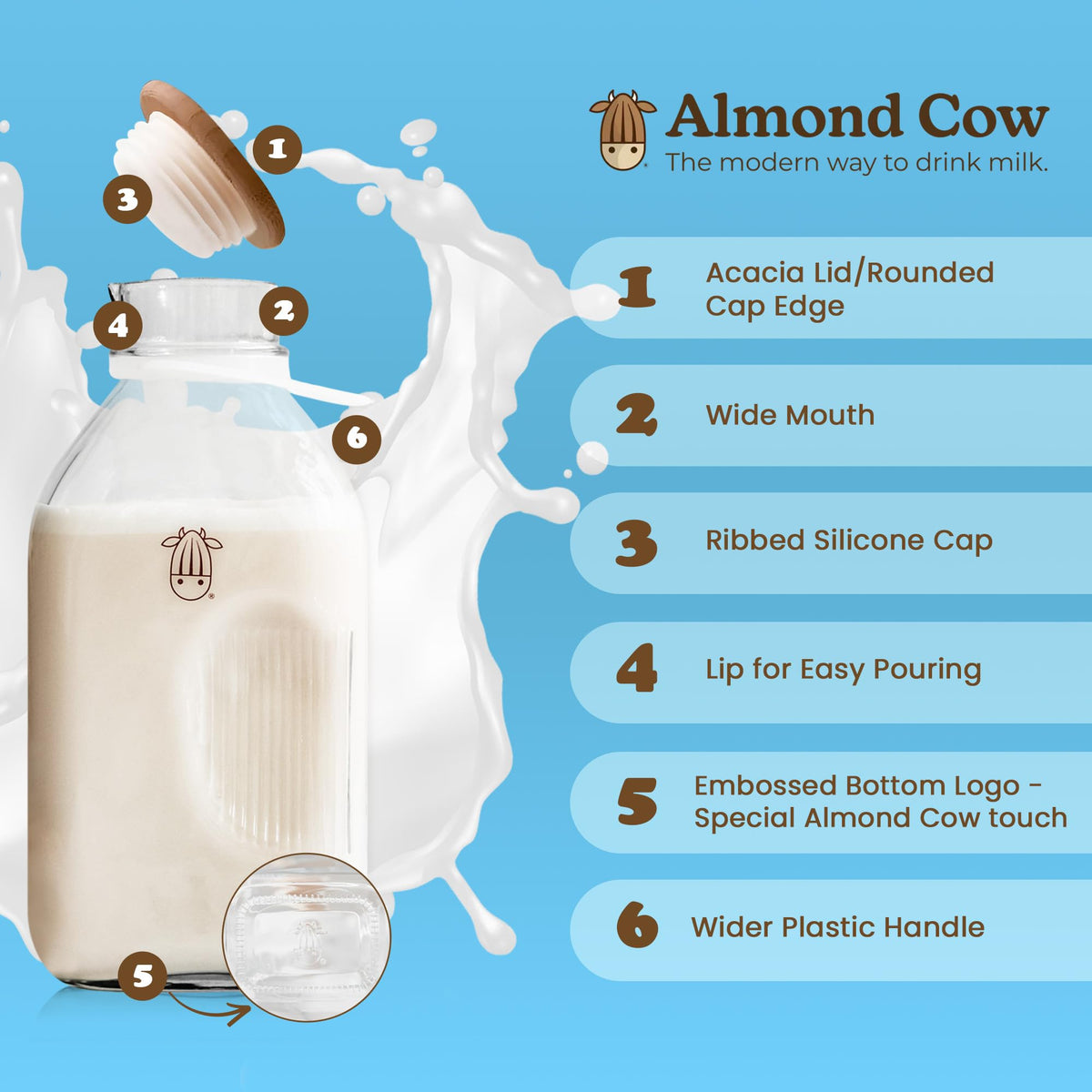 Pouring almond milk from the Almond Cow pitcher into a glass.