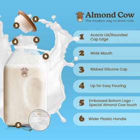 Pouring almond milk from the Almond Cow pitcher into a glass.