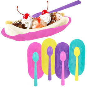 Alo Creations banana split boats set with color matching spoons, ideal for dessert gatherings.