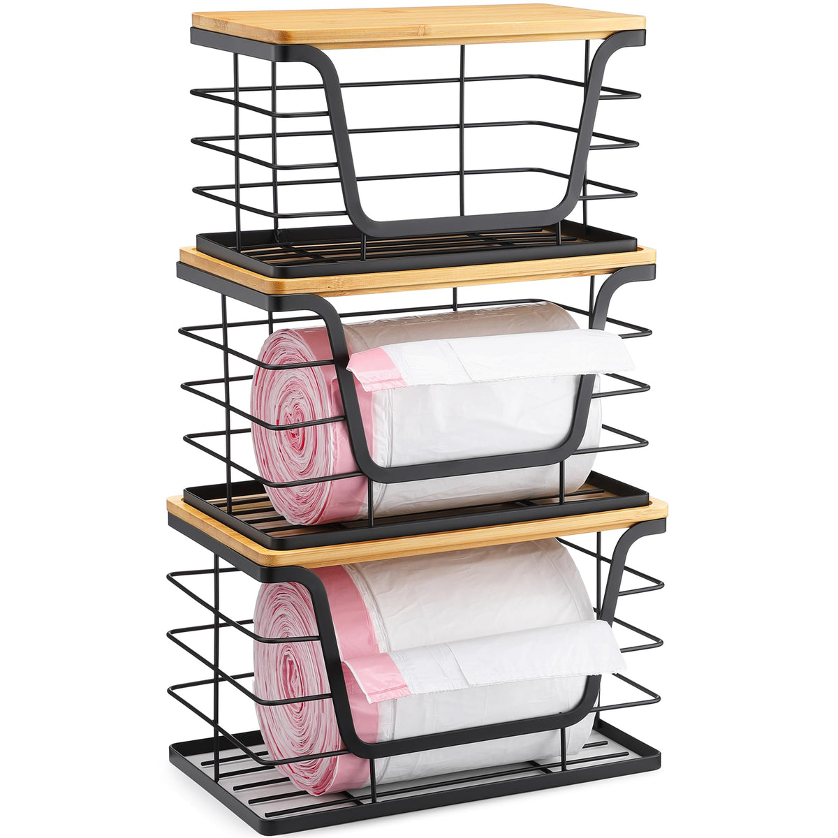 ALOCEO 3-pack stackable bins with lids; front view showing easy bag access