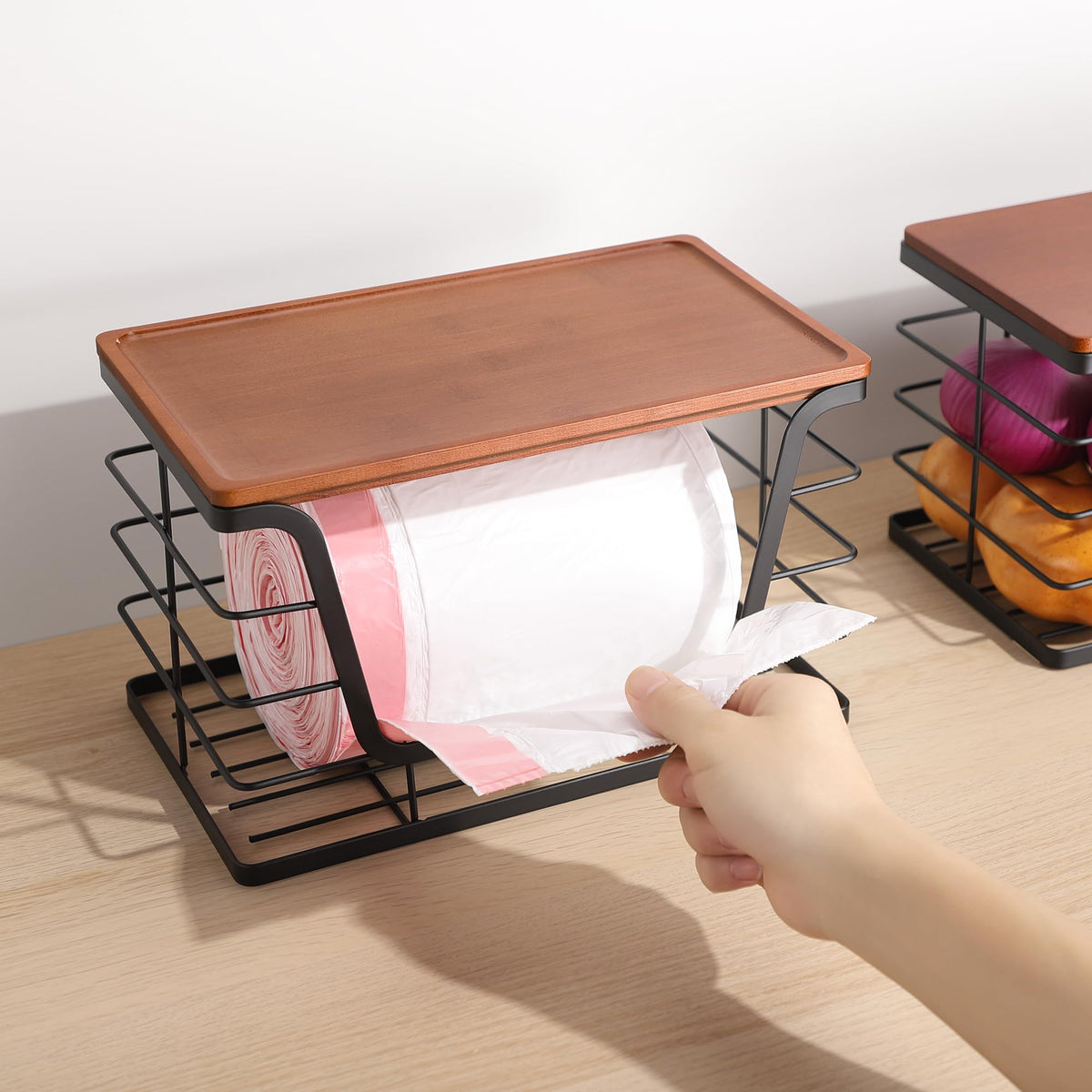 ALOCEO trash bag dispenser holds rolls neatly for quick bag changes