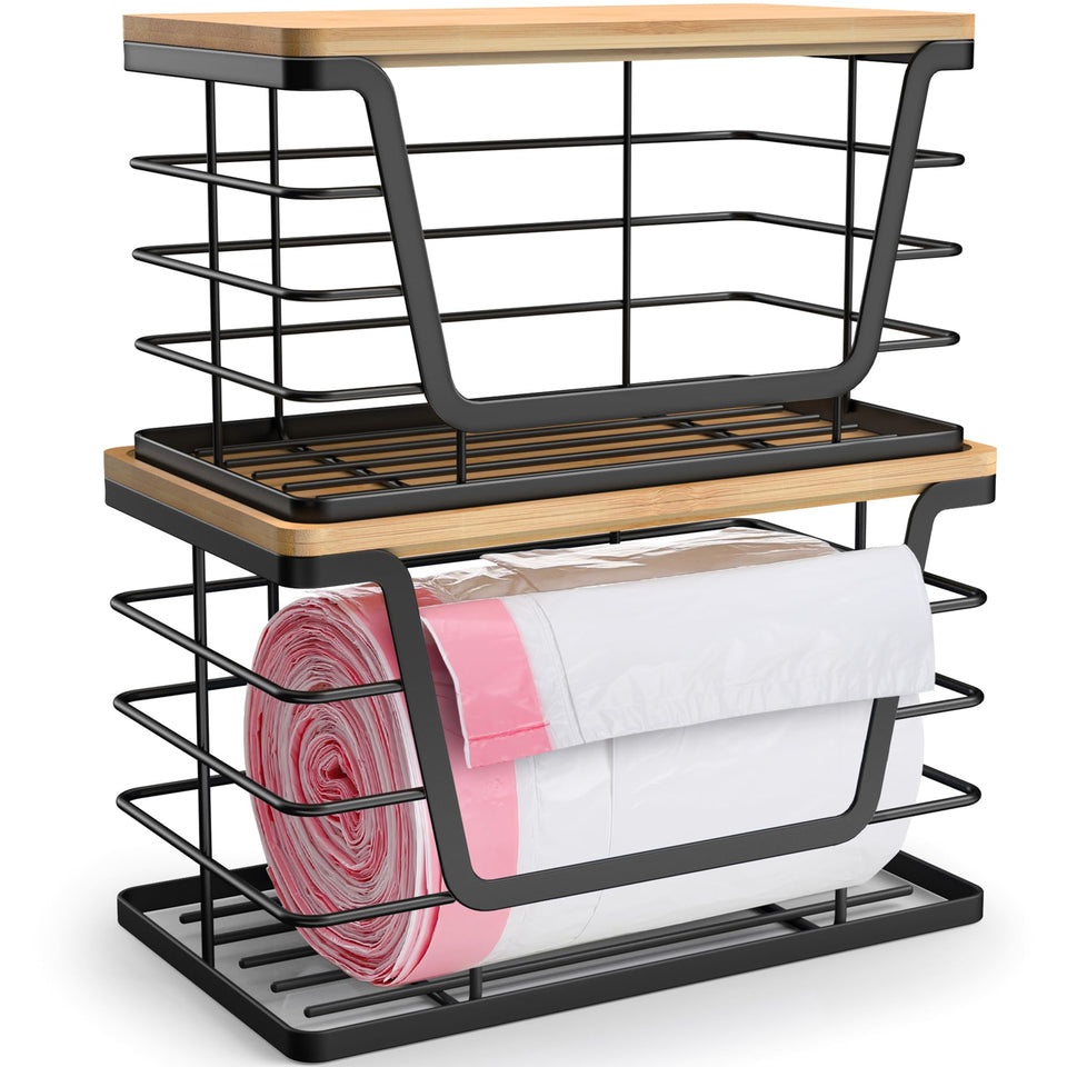 ALOCEO bamboo top trash bag holder front view keeps bags organized on the counter