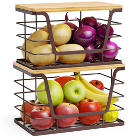 ALOCEO stackable wire basket with bamboo lip under sink for organized storage