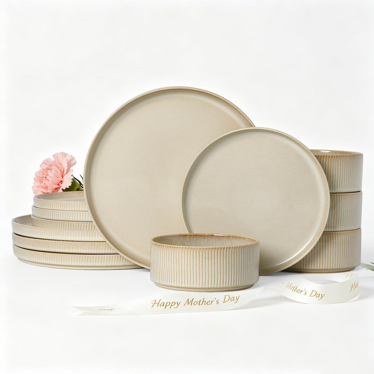 ALOFMO 12-piece beige ribbed dinnerware set with plates and bowls for refined dining