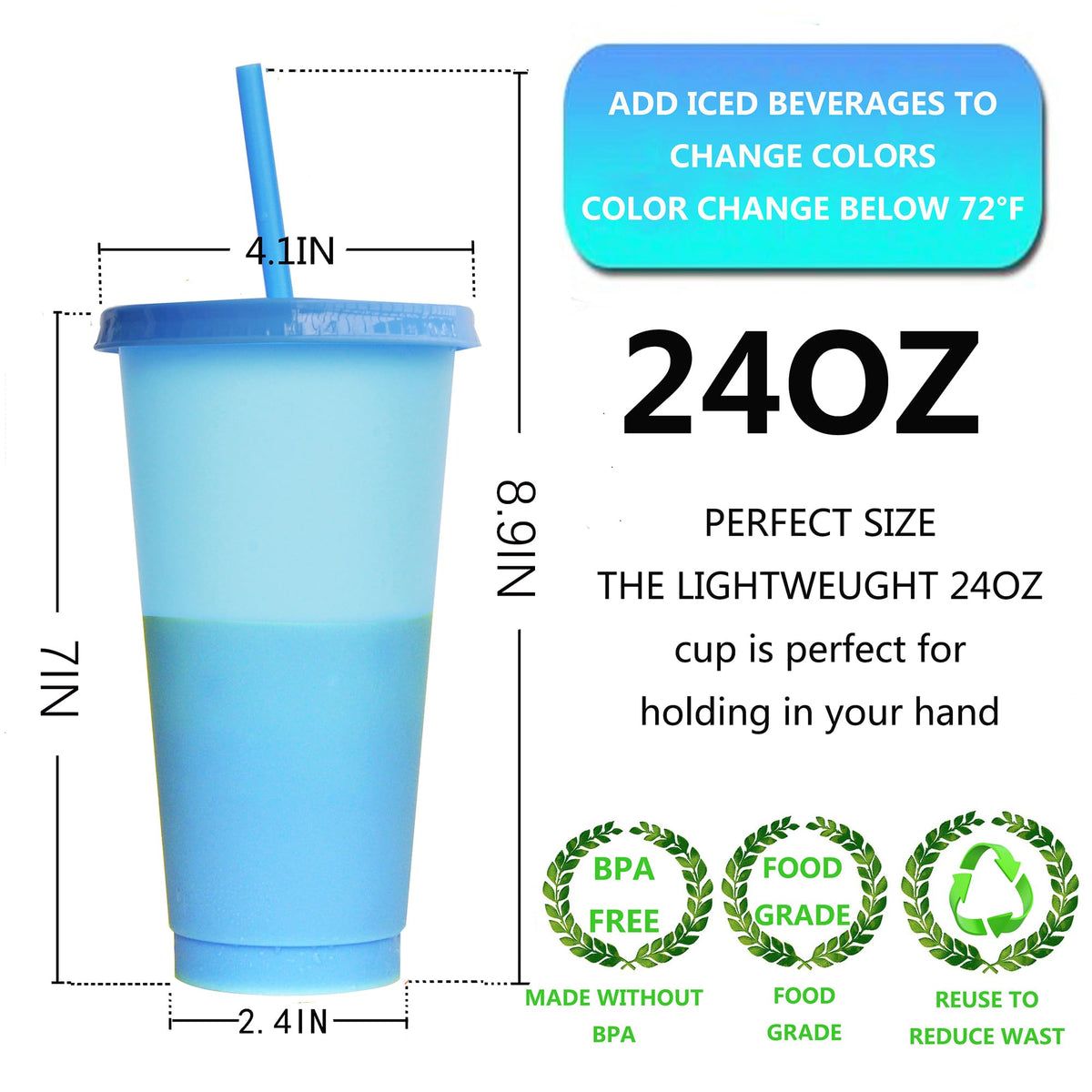 Alohastarttg color changing cups on a table with lids and straws.