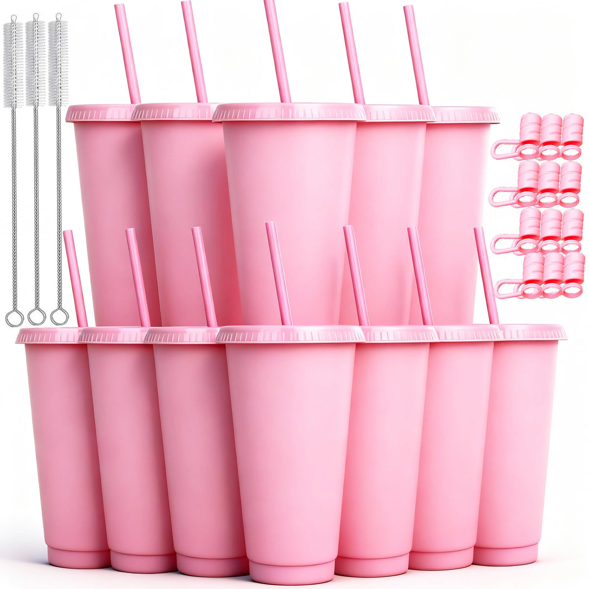 Alohastarttg 12-pack cups with lids and straws in pink for gatherings and daily reuse.