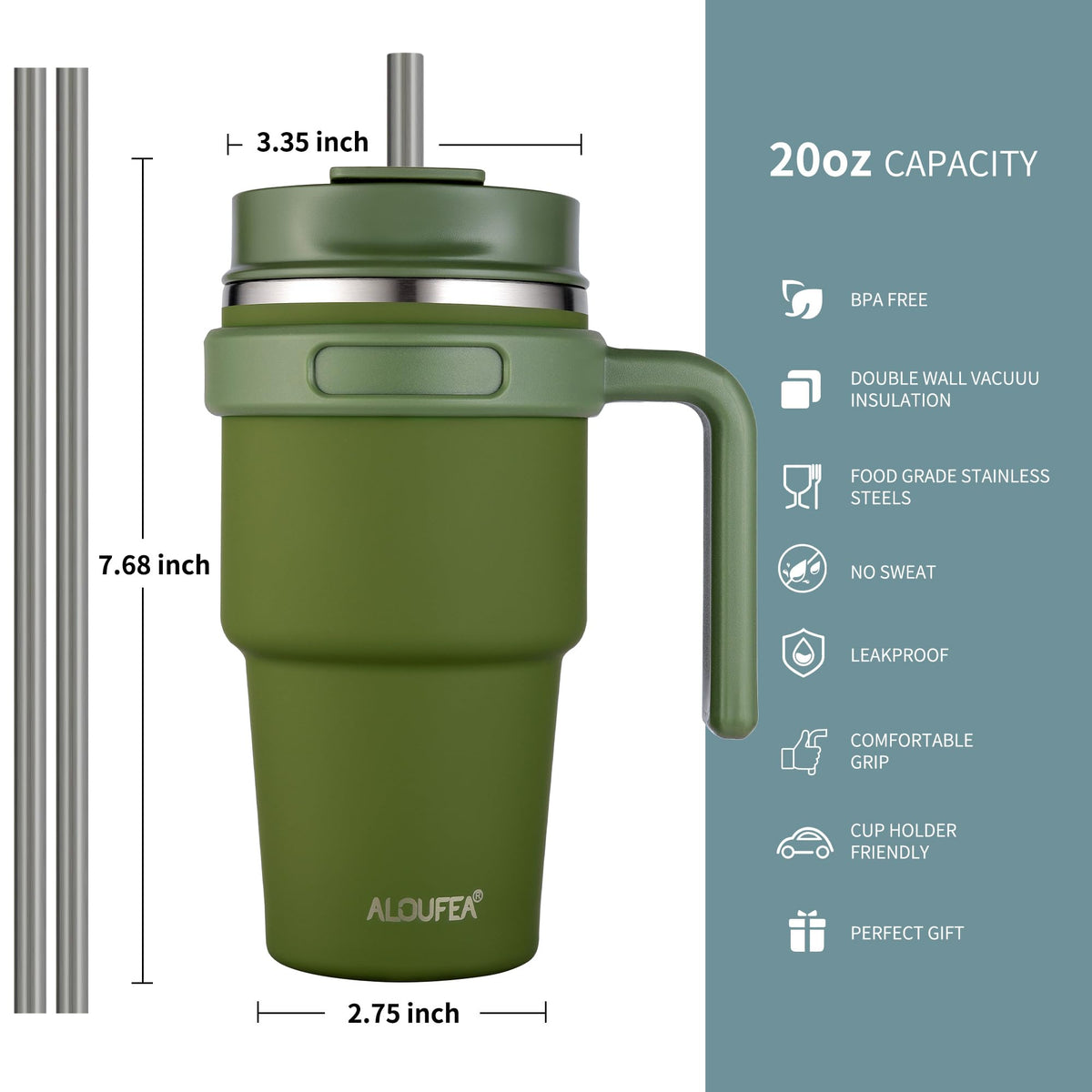 ALOUFEA stainless steel travel mug with lid and straw for versatile sipping.