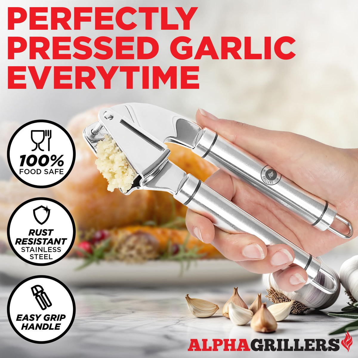 Alpha Grillers garlic press with ergonomic handles for comfortable, extended use.