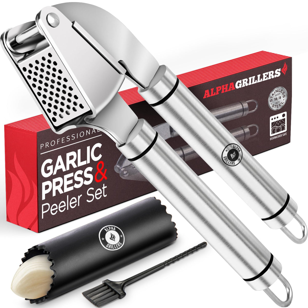 Alpha Grillers garlic press in stainless steel for effortless clove crushing.