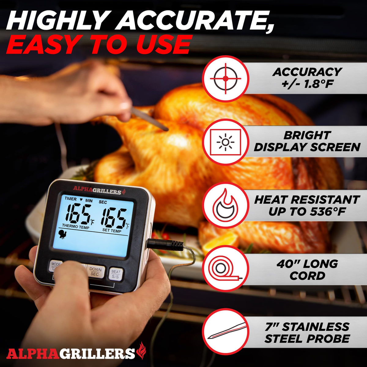 Alpha Grillers thermometer showing seven presets for precise doneness