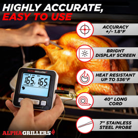 Alpha Grillers thermometer showing seven presets for precise doneness