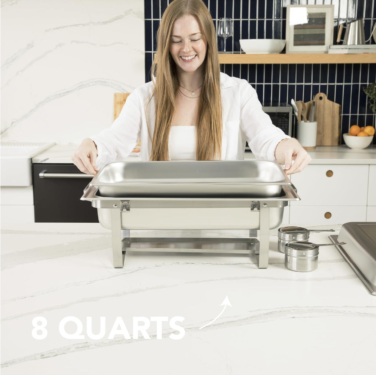 ALPHA LIVING 70012-gray 8qt chafing dish full-size pan tray ready for use.