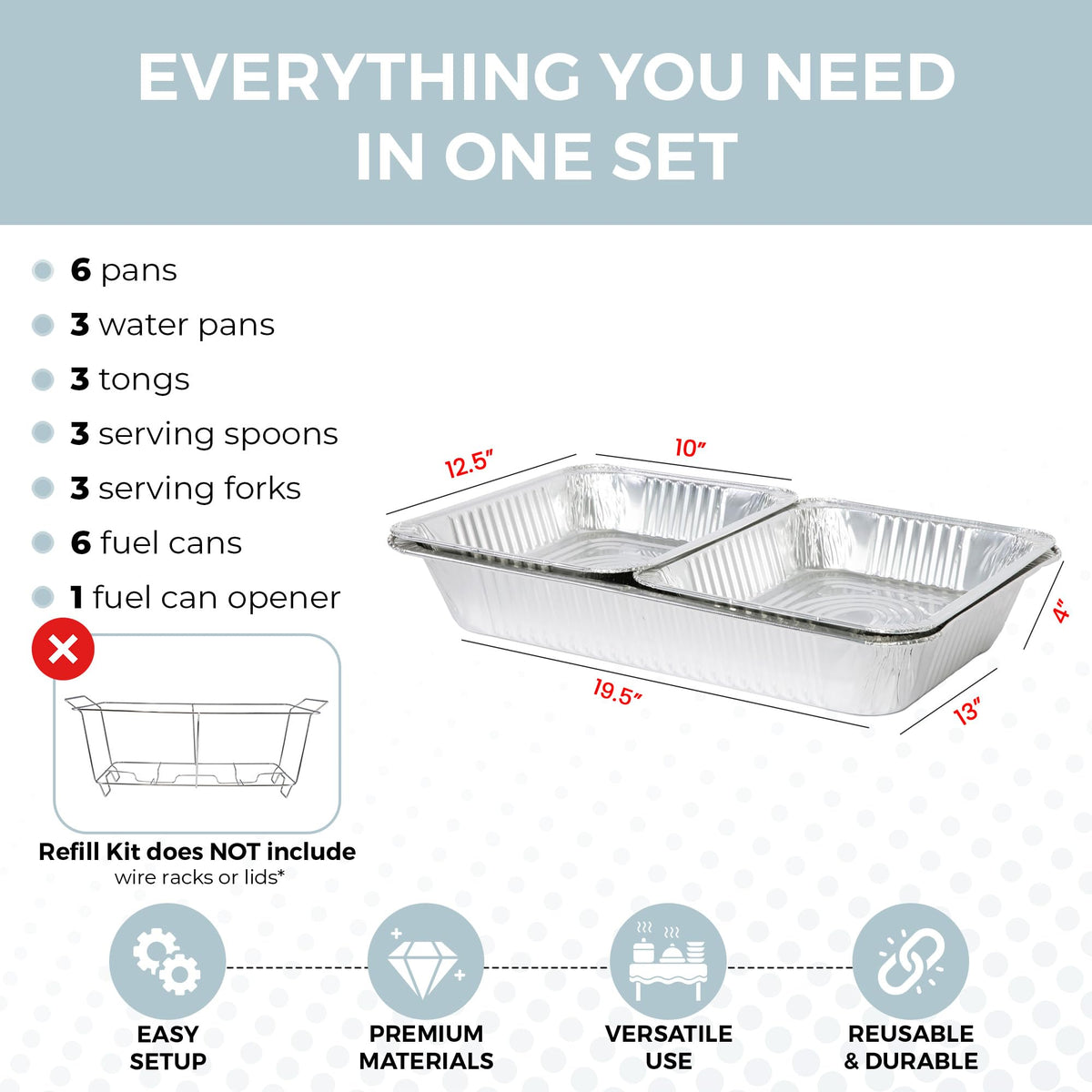 ALPHA LIVING fuel cans deliver steady heat to keep dishes warm.