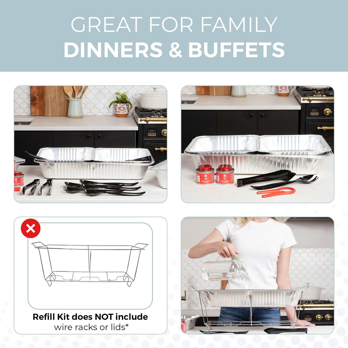 ALPHA LIVING buffet setup appears professional and organized with included utensils and pans.
