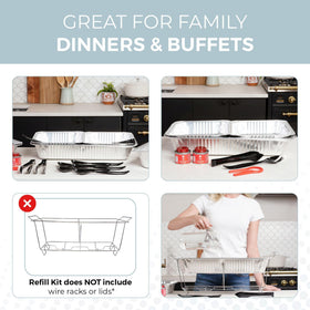 ALPHA LIVING buffet setup appears professional and organized with included utensils and pans.