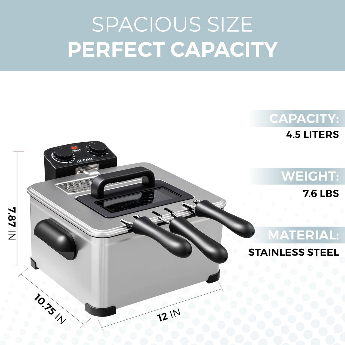 Alpha Living Deep Fryer 4.5L capacity for larger servings.