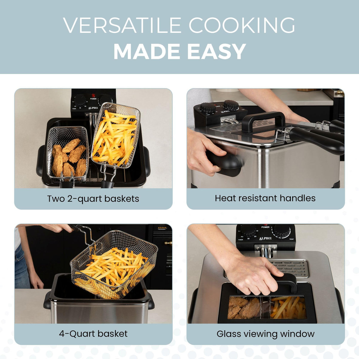Alpha Living Deep Fryer built-in timer helps track frying time.