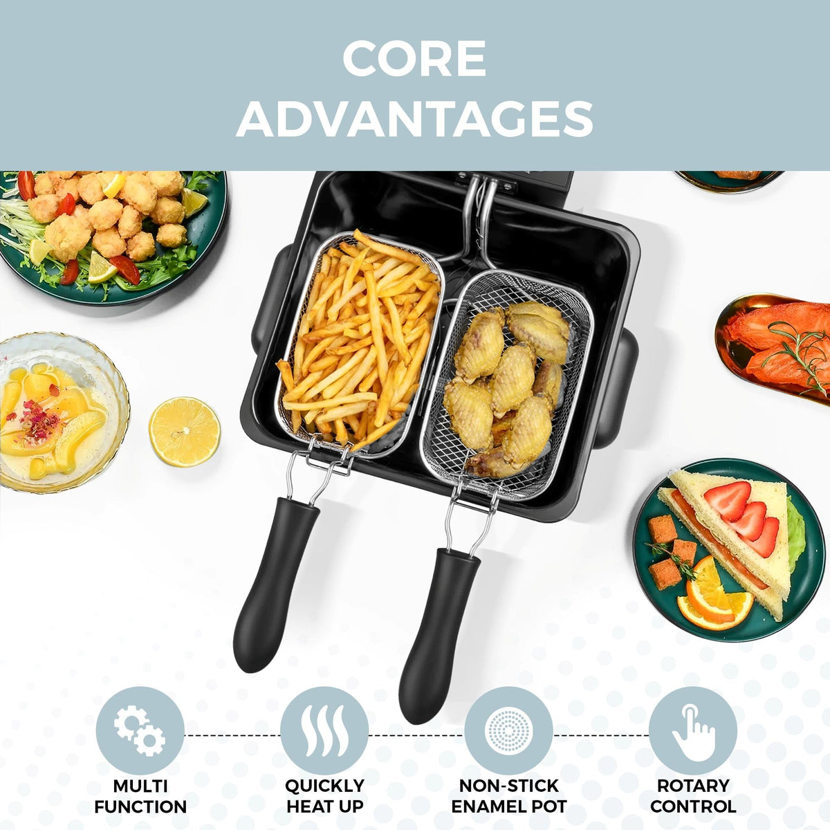 Alpha Living Deep Fryer stainless steel body highlights durability and style.