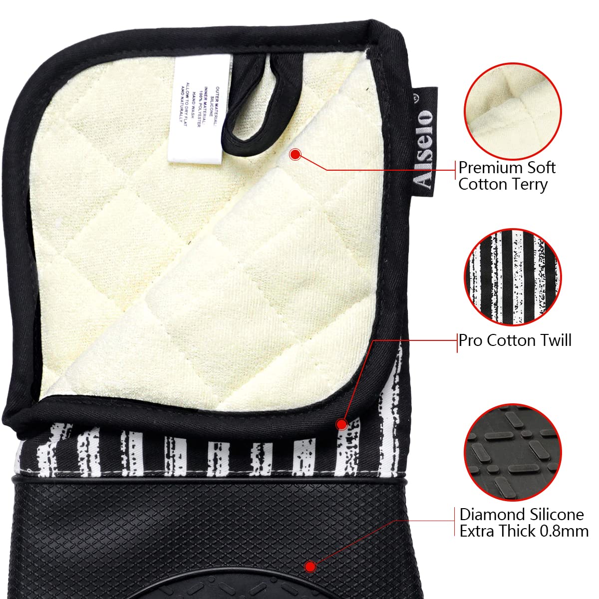 Alselo diamond-texture non-slip grip helps secure handling of heavy cookware.