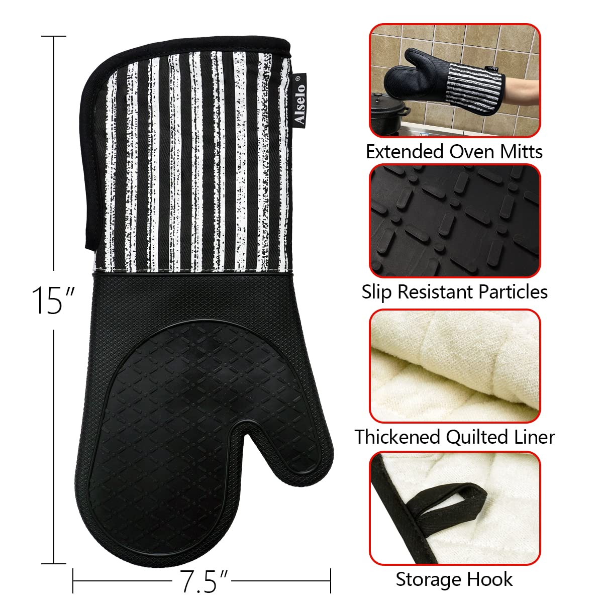 Alselo extra-long 15-inch oven gloves keep wrists safe while reaching into hot ovens.
