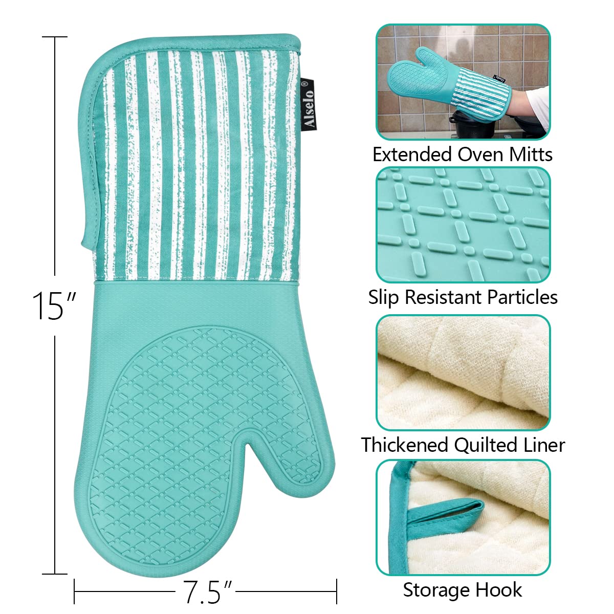 Alselo non-slip diamond texture mitt provides secure grip on hot cookware