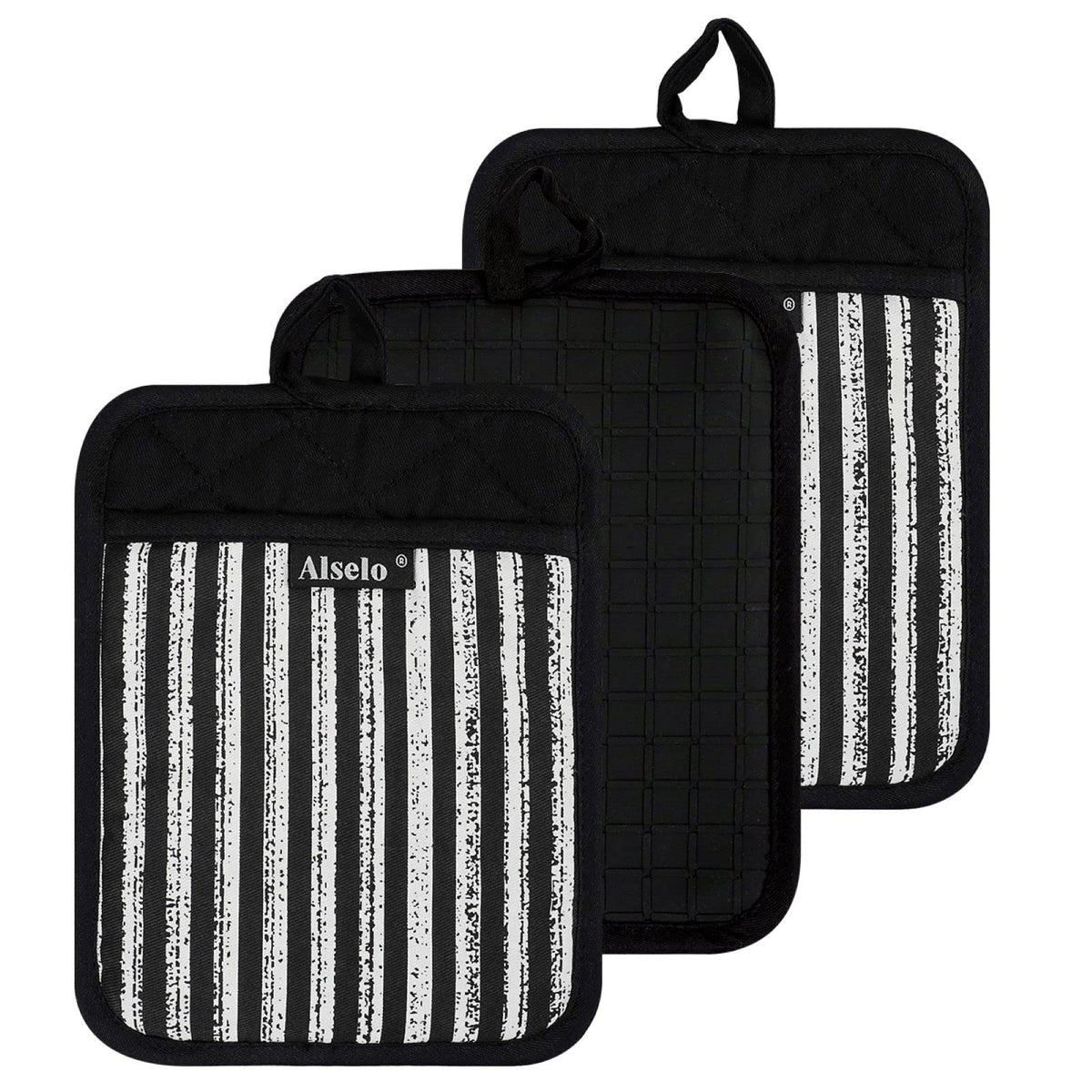 Alselo pot holders 3pc set in 7x9 inch size for safe daily cooking.