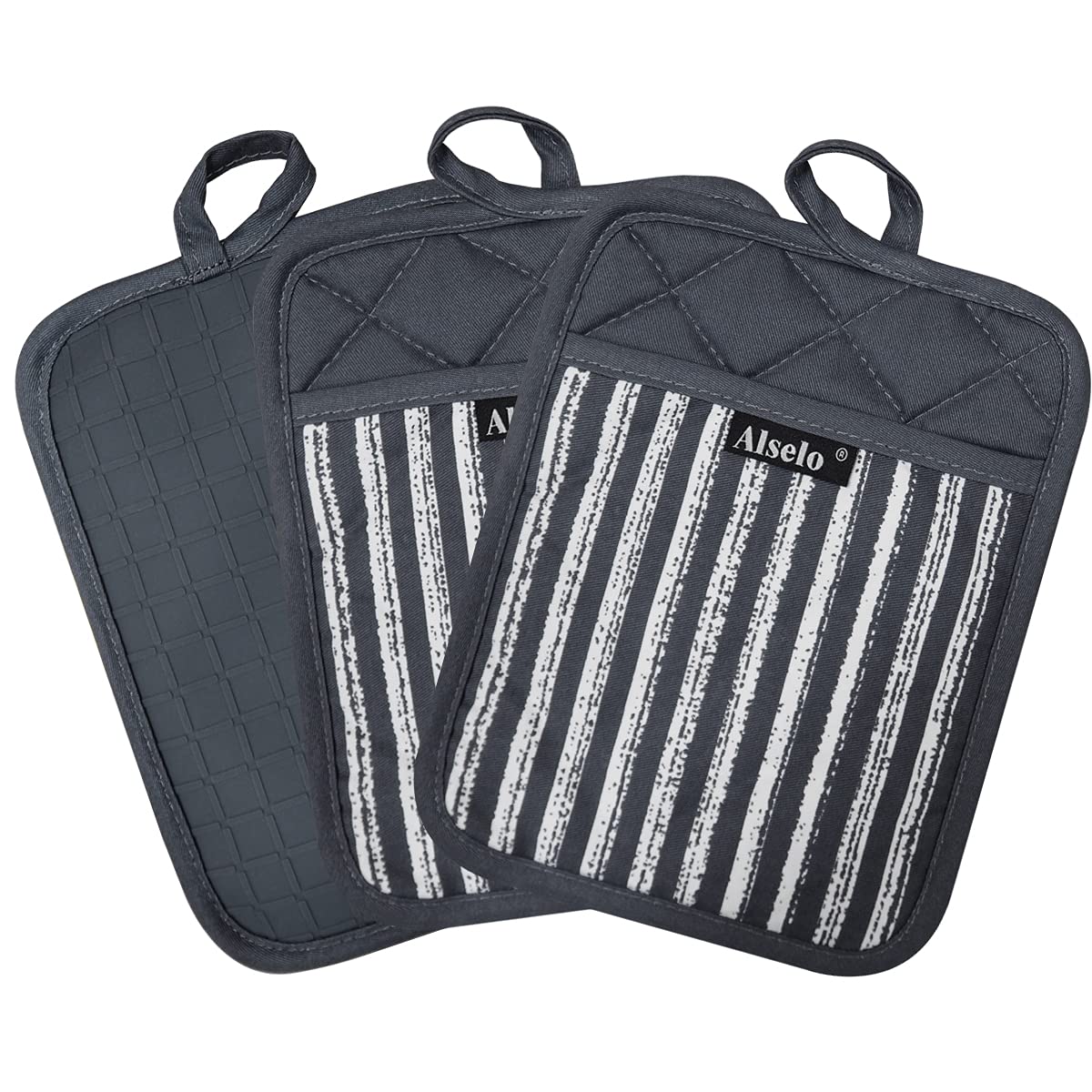 Alselo hanging loop keeps potholders within reach after cooking