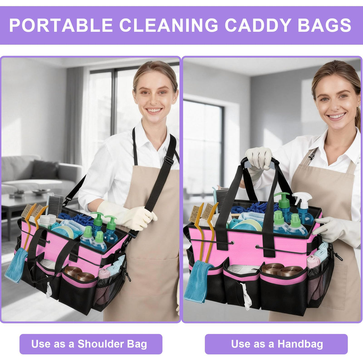 ALSLEA Cleaning Caddy Bag adjustable shoulder strap enables hands-free carrying.