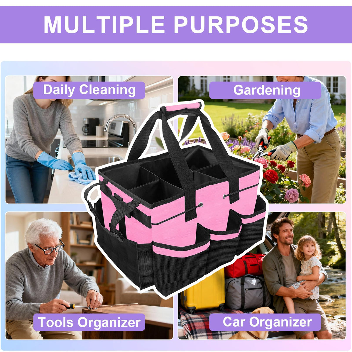 ALSLEA Cleaning Caddy Bag stands upright with durable zippers for easy access.