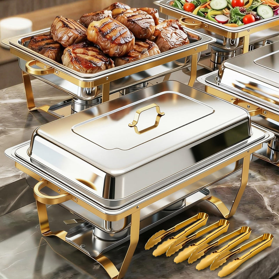 ALSO GO buffet chafing dishes rectangular 9qt 4-pack in gold, ideal for elegant buffets.