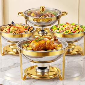 Also Go chafing dish 6qt gold round with glass lid for elegant buffet presentation.