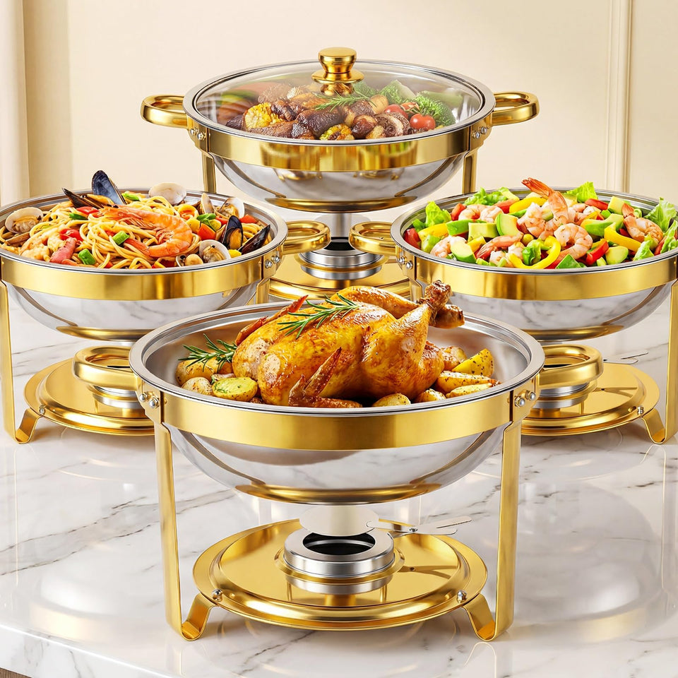 Also Go chafing dish 6qt gold round with glass lid for elegant buffet presentation.