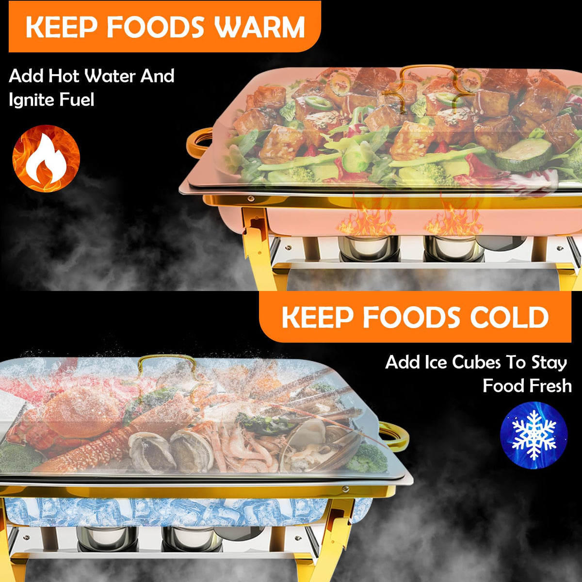 ALSO GO chafing dish with easy-grip handles for safe, stackable storage.
