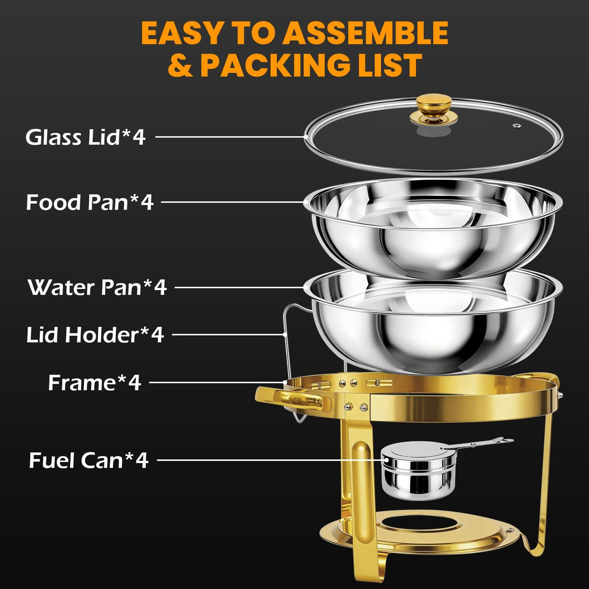 Gold-toned accents elevate buffet displays with an elegant gold-chafing vibe.