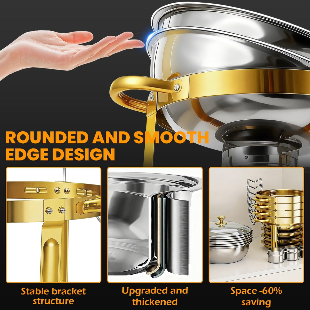 Also Go heavy stainless steel chafing dish with mirror-polish finish.